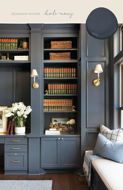 Grey Paint Living Room, Navy Paint Colors, Navy Blue Paint Colors, Navy Blue Paint, Blue Gray Paint Colors, Office Paint Colors, Hale Navy, Blue Gray Paint, Gray Paint