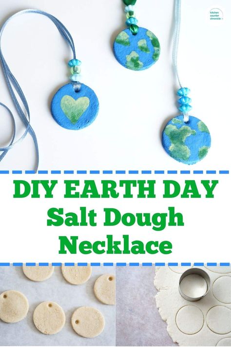 Learn how to make an Earth Day necklace from this simple salt dough recipe. A fun Earth Day craft for kids of all ages. #earthdayclassroomactivity #earthdaycraft #earthdayforkids #saltdoughrecipe #saltdoughnecklace #saltdoughjewelry Earth Day Crafts For Kids, How To Make Earth, Earth Day Craft, April Activities, Salt Dough Recipe, Earth Week, Earth Day Projects, Earth Craft, April Crafts