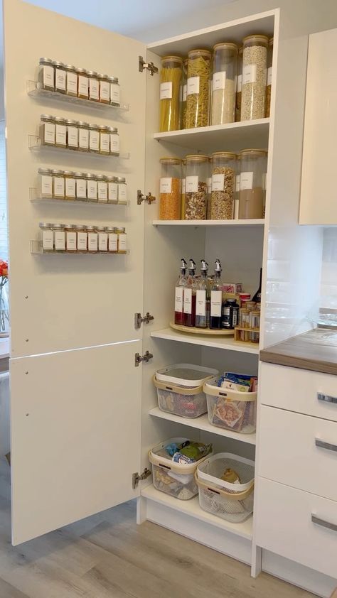 Diy Kitchen Storage Cabinet, Kitchen Storage Organization Diy, Tiny Pantry, Greige Kitchen, Small Kitchen Cabinets, Shelves Ideas, Small Kitchen Storage, Small Pantry, Kitchen Organization Pantry