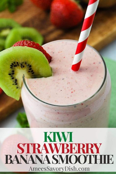 Relax and rejuvenate with a protein-packed Kiwi Strawberry Banana Smoothie. Delicious, healthy, and easy! via @Ameessavorydish Tangy Salad Dressing, Lemon Pepper Marinade, Kiwi Banana Smoothie, Marinade For Chicken, Kiwi Strawberry, Strawberry Breakfast, Kiwi Smoothie, Amazing Breakfast, Nutritious Smoothies