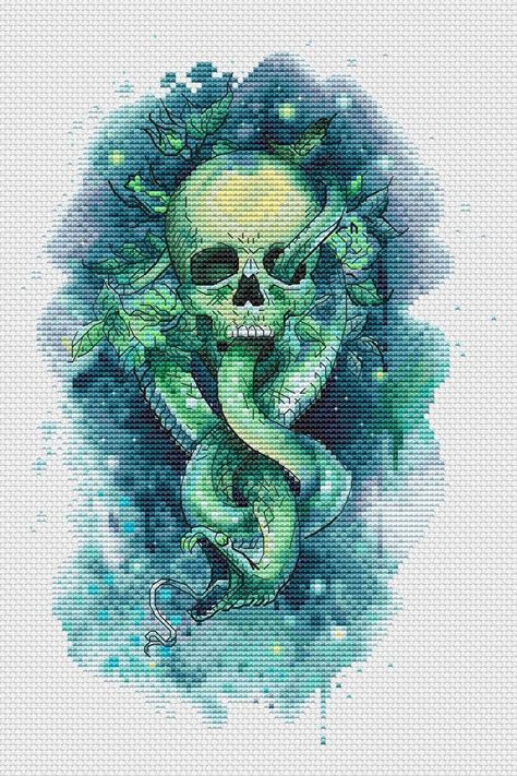 Skull Cross Stitch Pattern, Skull Cross Stitch, Bright Cross Stitch, Dragon Cross Stitch, Fantasy Cross Stitch, Easy Cross Stitch Patterns, Nature Cross Stitch, Winter Cross Stitch, Beautiful Cross Stitch