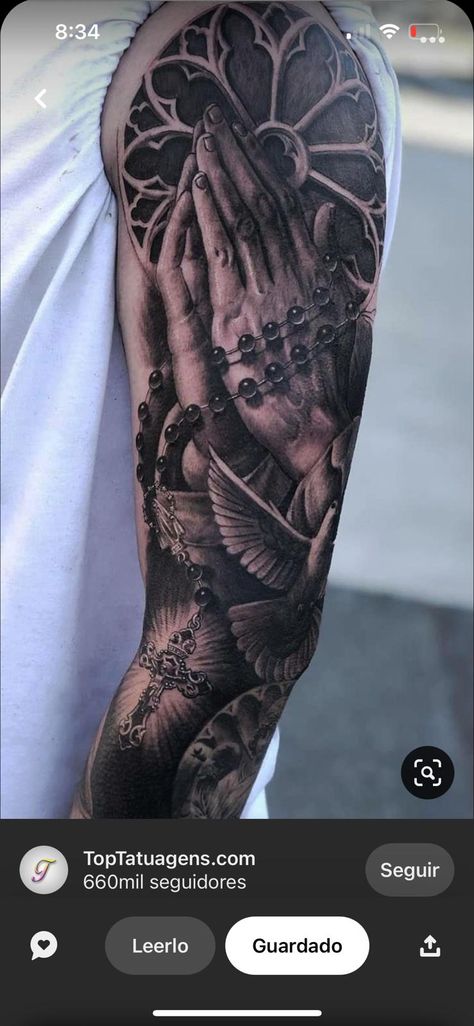 Jesus Tattoo Sleeve, Religious Tattoo Sleeves, Religous Tattoo, Angel Sleeve Tattoo, Voll Arm-tattoos, Tattoo Homme, Mangas Tattoo, Praying Hands Tattoo, Chicano Tattoos Sleeve