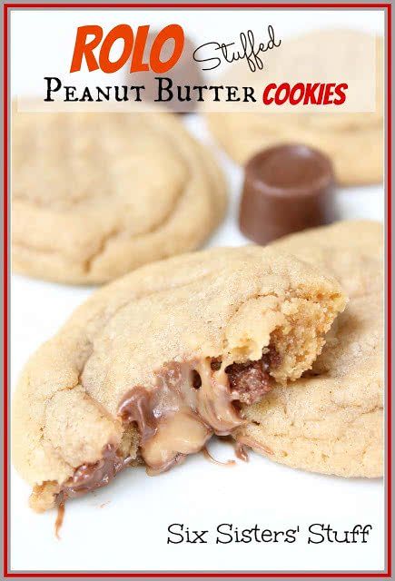 Rolo Stuffed Peanut Butter Cookies | Six Sisters' Stuff Stuffed Peanut Butter Cookies, Lemon Bar Cookies, Six Sisters Stuff, Six Sisters, Butter Cookies Recipe, Peanut Butter Cookie Recipe, Yummy Sweets, How Sweet Eats, Chocolate Chip Cookie