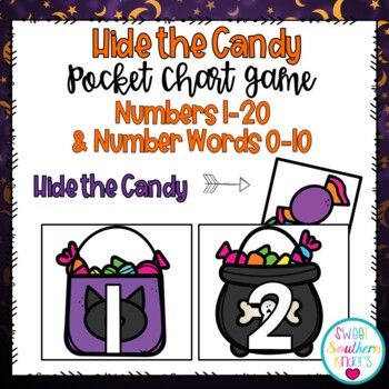 Hide the Candy Pocket Chart GameNumber 1-20Number Words 0-10This pocket chart game is a great way to review both numbers and number words with your students. Simply print the cards on card stock and laminate them for durability. Place these in a pocket chart or in a center and let the kids take turns hiding and finding the candy. I make sure my students are saying the number or reading the word before they can look behind! Included in this download:Number cards 1-20 plus 2 candy cards to hideNumber words 0-10 plus candy cards to hideInstructionsI hope your kids enjoy this activity! Jacko Lanterns, Name Pocket Chart Activity, Pocket Chart Math Kindergarten, Pocket Chart Games Kindergarten, Pocket Chart Games, Halloween Number Sense, Pocket Chart Center First Grade, Prek Halloween, Halloween Math Activities