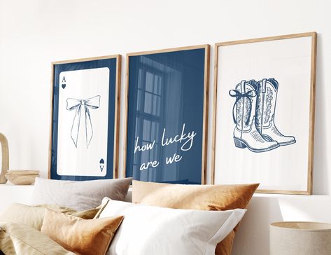 Navy How Lucky Are We, Coastal Cowgirl Print, Girly Western Wall Art, Coquette Decor, Cute Apartment Aesthetic, Trendy Wall Art, Set of 3 Coastal Western Bedroom, Blue Cowgirl Room, Coastal Cowgirl House, Coastal Cowgirl Nursery, Coastal Cowgirl Aesthetic Room Decor, Coastal Cowgirl Apartment, Costal Cowgirl Aesthetic Bedroom, Cute Apartment Aesthetic, Coastal Cowgirl Bedroom