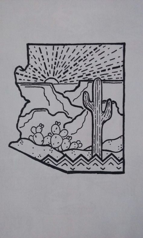 Az State Tattoo, Western Wood Burning Patterns, Arizona Outline Tattoo, Easy Western Drawings, Az Tattoo, Country Drawings, Micron Pen Art, Arizona Tattoo, Arizona Aesthetic