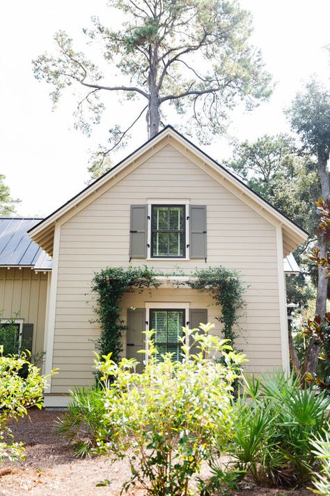 Gallery — Bellwether Tan Siding With Shutters, Tan Cottage Exterior, White House Tan Trim, Cream House White Trim, Sw Jogging Path Exterior, Exterior House Colors Cream, Cream Exterior House Color, Greige Exterior, Cream House Exterior