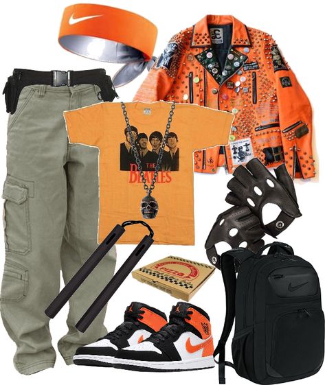 tmnt Michelangelo 🧡 Outfit | ShopLook Tmnt Clothes, Tmnt Michelangelo, Orange Leather Jacket, Ninja Gear, Beatles Shirt, Techwear Streetwear, Nike Headbands, Nike Backpack, Fairy Outfit