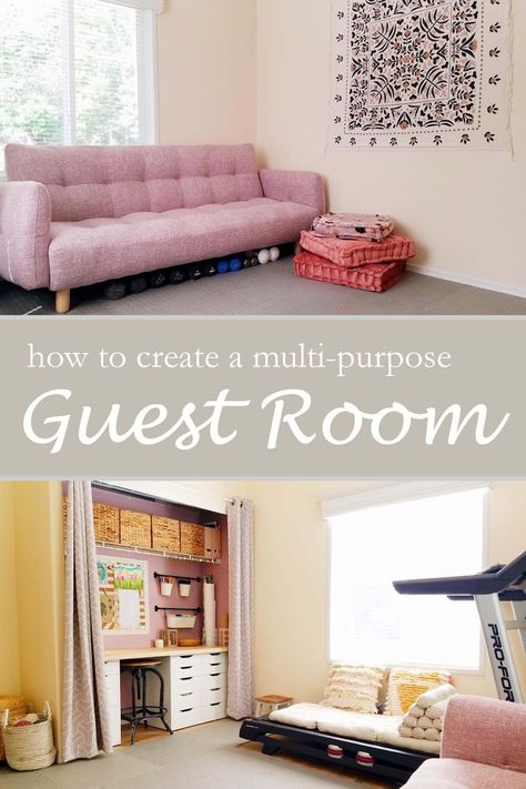 Craft And Workout Room Ideas, Multifunction Room Ideas, Home Office Craft Room Gym, Spare Bedroom Multipurpose, Sewing Room And Guest Room Ideas, Craft Room And Spare Bedroom, Small Home Gym Guest Room, Fitness And Guest Room, Small Bedroom Workout Space