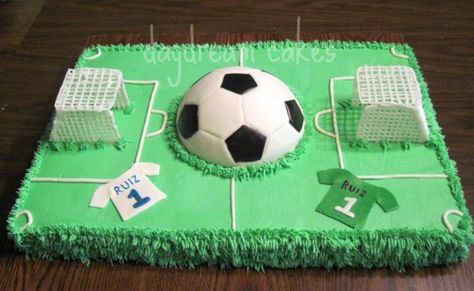 Soccer Field - Soccer Field Birthday cake for a little guy turning One.  We made the other half of the ball for his smash cake. The two jerseys represent both his American and his Mexican heritage.   The nets were my first attempt at using Wilton gumpaste thinned to pipe like royal icing. Thanks for all the inspiration. Soccercake Soccer Birthday, Football Pitch Cake, 21st Birthday Cake For Guys, Soccer Cakes, Soccer Ball Cake, Soccer Birthday Cakes, Rodjendanske Torte, Soccer Cake, Soccer Birthday Parties