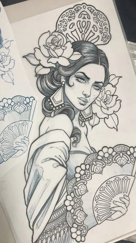 Neotraditional Woman Tattoo Design, Spanish Woman Tattoo, Pretty Lady Tattoo, Neo Traditional Art Sketches, Neo Traditional Woman, Saint Drawing, Neotraditional Tattoo Flash Art, Neo Traditional Art, Neo Tattoo