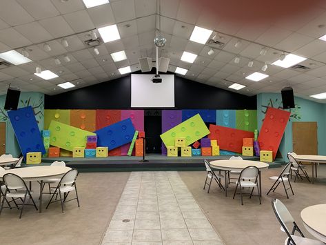 Finished stage | March 2019 | Made Lego Stage Design, Lego Vbs, Kids Stage, Lego Decorations, Stage Ideas, Science Camp, Lego Club, Kids Camp, Vbs Themes