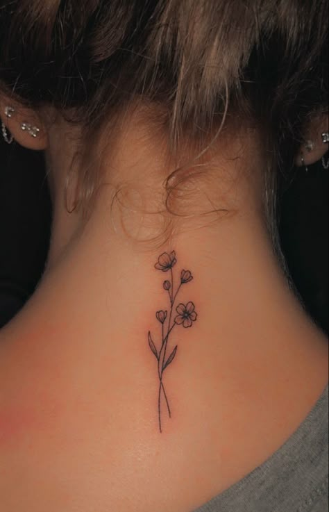 Small Behind The Neck Tattoos, Back Of Neck Flower Tattoos For Women, Delicate Back Of Neck Tattoo, Flower Nape Tattoo, Base Of The Neck Tattoo, Back Of Neck Tattoo Flower, Neck Tattoos Women Flowers, Small Nape Tattoo, Dainty Back Of Neck Tattoos For Women