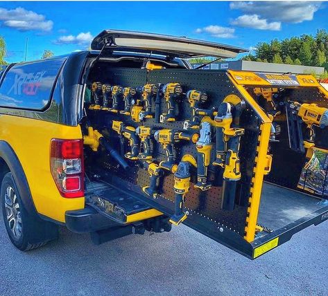 Electrical Endeavours on Instagram: “Tool storage level: Expert 🚙⚫️🟡🚙 👉Win tools like these and more via the link in our bio👈 Follow us for more 👉@electricalendeavours…” Tool Shop Ideas, Truck Tool Storage, Electricians Tools, Work Truck Storage, Truck Accesories, Garage Workbench Plans, Truck Organization, Work Trailer, Van Racking