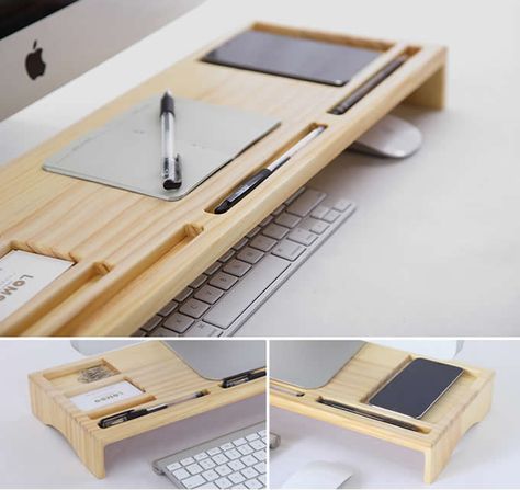 Desk Monitor Stand Diy, Monitor Stand Diy, Imac Laptop, Imac Stand, Imac Desk Setup, Wooden Desk Organizer, Desk Organization Office, 3d Cnc, Monitor Stand