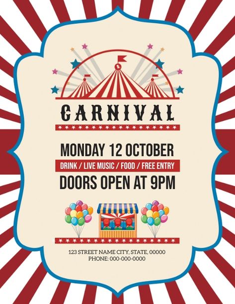 Copy of Carnival Party Flyer | PosterMyWall School Carnival Flyer, Carnival Flyer, Mardi Gras Invitations, Carnival Design, Carnival Invitations, Fall Carnival, Carnival Ideas, Harvest Fest, Carnival Posters