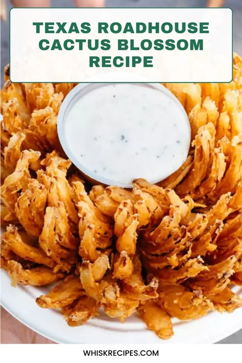 Recreate the crispy, golden deliciousness of Texas Roadhouse's Cactus Blossom with this easy recipe! This crowd-pleasing appetizer features a whole onion, sliced and battered in a flavorful blend of spices, then deep-fried to perfection. Served with a tangy dipping sauce, this blooming onion is crunchy on the outside and tender on the inside, making it the perfect start to any meal or a fun snack for game day. Simple to prepare and packed with flavor, it’s sure to be a hit with family and friends! 🧅🍴 #CactusBlossom #TexasRoadhouseInspired #CrispyGoodness #AppetizerFavorites #ComfortFood #DeepFriedDelights #HomemadeSnacks #FlavorfulCooking #DeliciousRecipes #PartyFood Texas Roadhouse Blooming Onion Sauce, Blooming Onion Sauce Texas Roadhouse, How To Make A Blooming Onion, Texas Roadhouse Blooming Onion, Blooming Onion Texas Roadhouse, Blooming Onion Batter Recipe, Cactus Blossom Sauce, Texas Roadhouse Onion Blossom Sauce, Fried Blooming Onion