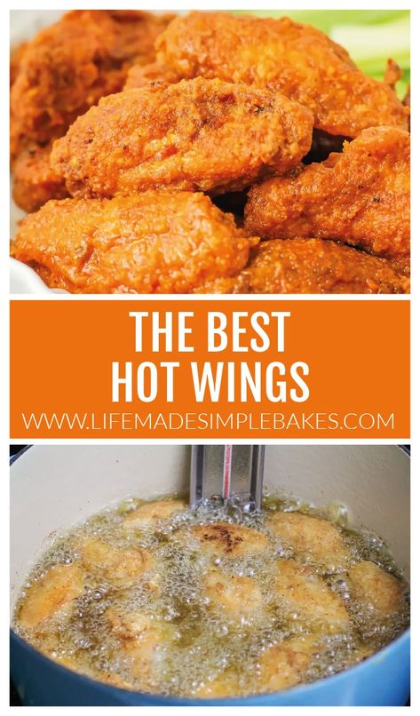 Hot wings are perfectly crispy outside with  juicy tender meat on the inside. These wings pack the perfect flavor punch!  #hotwings #chickenwings #chicken #boneinwings #appetizer Crispy Hot Wings Deep Fryer, Deep Fried Hot Wings Recipe, Breaded Hot Wings, Hot Wings Recipe Fried, Fried Hot Wings, Easy Hot Wings Recipe, Hot Chicken Wings Recipe, Wings Recipe Oven, Chicken Wings Recipe Oven