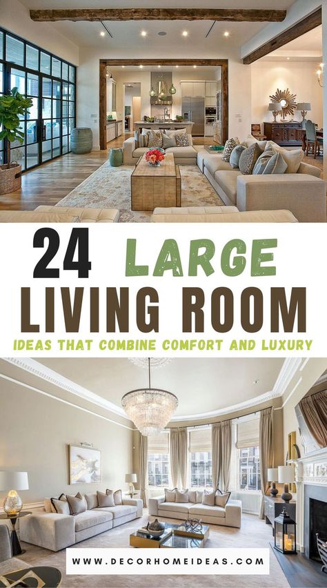 Discover 24 stunning large living room ideas that blend comfort with luxury. From elegant furniture arrangements to cozy decor elements, these designs will inspire you to create a spacious yet inviting atmosphere. Explore how to achieve the perfect balance between style and relaxation! Max Seating Living Room, 3 Long Windows Living Rooms, Decorating A Big Living Room, Large Living Room Space Ideas, Big Formal Living Room Ideas, Living Room Three Couches, Sofas For Large Living Rooms, Tv Rooms Luxury, Living Room For 8 People