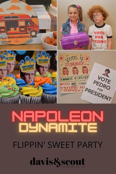 Flippin' Sweet Celebration with a Napoleon Dynamite theme. Check out the party inpiration photos and tips and tricks to pull off your own amazing Napoleon style celebration. #napoleon #napoleondynamite #voteforpedro #Flippinsweet #liger #themeparty #napoleontheme #birthdayparty #partydecor #kidsparty #funnybirthday #diybirthdaydecor Dynamite Birthday Party, Napoleon Dynamite Birthday, Napoleon Dynamite Party, Diy Kids Party, Food Bars, Budget Party, Napoleon Dynamite, Happy Birthday Balloons, 12th Birthday