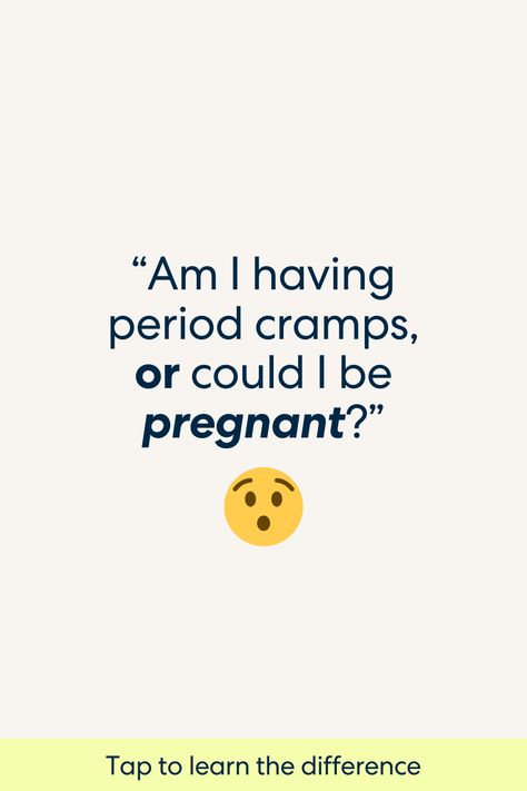 "Am I having period cramps or could I be pregnant?" with a shocked face emoji. Early Pregnancy Cramps, Implantation Symptoms, Ovulation Signs, Ovulation Pain, Ovulation Symptoms, Conception Tips, First Week Of Pregnancy, Ovulation Cycle, Ovulation Tracking