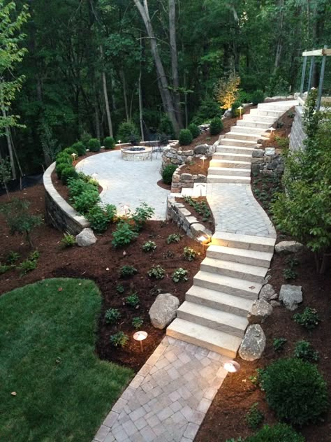 Backyard Landscaping Mountain, Downhill Backyard Landscaping, Outdoor Patio Ideas On A Hill, Steep Backyard Ideas Sloped Yard, Fire Pit Ideas Sloped Backyard, Fire Pit On Hill, Lake Landscaping Ideas, Fire Pit On A Hill, Hillside Fire Pit Ideas