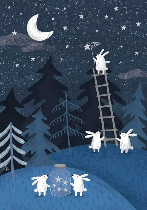 Winter Illustrations, Rabbit Ring, Rabbit Rabbit Rabbit, Night Illustration, Night Stars, Rabbit Illustration, Winter Illustration, Rabbit Rabbit, Forest Illustration