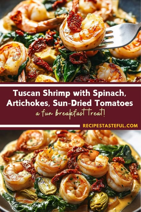 A quick and creamy Tuscan-style shrimp dish featuring spinach, artichokes, and sun-dried tomatoes, perfect for a weeknight dinner. Sun Dried Tomato Shrimp, Shrimp With Sundried Tomatoes Recipe, Shrimp And Sun Dried Tomatoes, Tuscan Shrimp Orzo With Spinach, Tuscan Shrimp And Beans, Tuscan Shrimp Recipe, Kale Shrimp Recipes, Shrimp Artichoke Recipes, Italian Shrimp Dishes