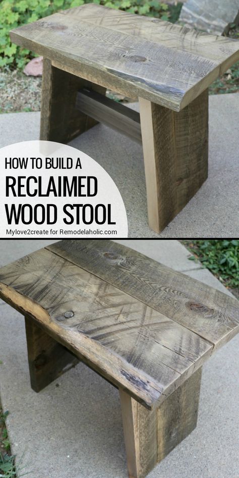 Build this easy DIY reclaimed wood stool with a few scraps of old wood or some new lumber. Perfect for sitting, using as a stepstool, or as a side table. Barnwood Projects, Barn Wood Projects, Wood Projects For Beginners, Reclaimed Wood Projects, Wooden Stool, Easy Wood Projects, Easy Wood, Scrap Wood Projects, Diy Holz