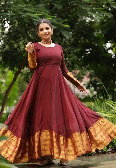 Long Frock With Silk Saree, Saree After Marriage, Saree Stiched Dress, Silk Gown Designs Indian, Saree Dress Design Ideas, Kerala Engagement Dress, Suit Sharara, Pattu Lehenga, Long Skirt Top Designs