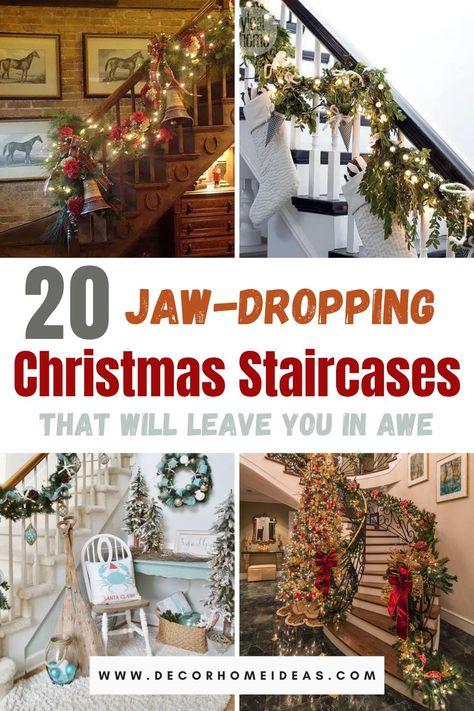 Stunning Christmas staircase decorations that will amaze you! Bannister Decorations Christmas, Christmas Stair Banister Decor, Christmas Decor Stairway, Christmas Stairwell, Christmas Staircases, Christmas Stairwell Decorations, Decorated Staircase For Christmas, Staircase Christmas Garland, Christmas Staircase Ideas