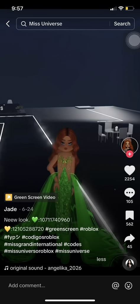 Roblox Gown Code, Miss Universe Roblox Code Dress, Miss Universe Roblox Code Gown, Miss Universe Roblox Code, Miss Universe Costumes, Miss Colombia, Coding Clothes, Green Prom Dress, Black Prom Dresses