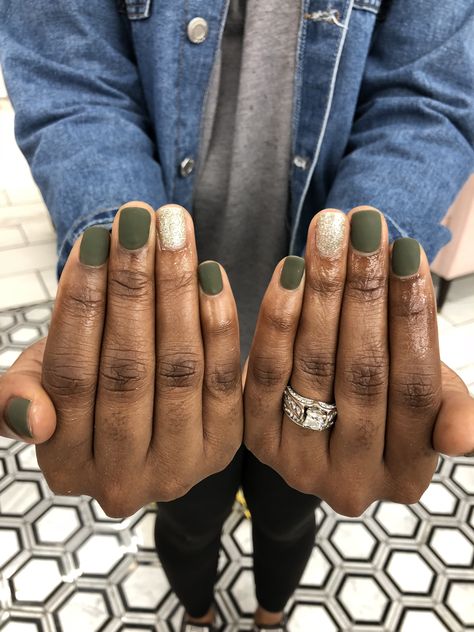 Green And Mustard Nails, Olive Green Christmas Nails, Green Nails Men, Olive Green Nails With Gold, Matt Green Nails, Olive Green And Gold Nails, Green And Cream Nails, Matte Green Nails With Gold, Green And Rose Gold Nails