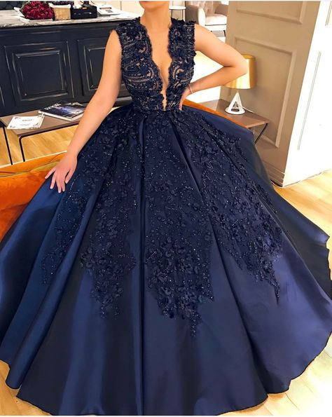 Midnight blue deep plunging beaded ball gown Night Ball Gown, Navy Blue Ball Gown, Blue Satin Prom Dress, Blue Plus Size Dresses, Ball Gown Prom Dresses, Gown Prom Dresses, Princess Prom Dresses, Blue Ball Gowns, Formal Ball Gown