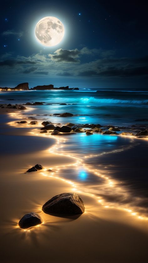 Moonlight Beach Aesthetic, Glowing Water Art, Glowing Beach Wallpaper, Moon Light Aesthetic, Moon Light Photography, Moon And Ocean Tattoo, Bioluminescent Ocean, Bioluminescence Beach, Glow In The Dark Beach