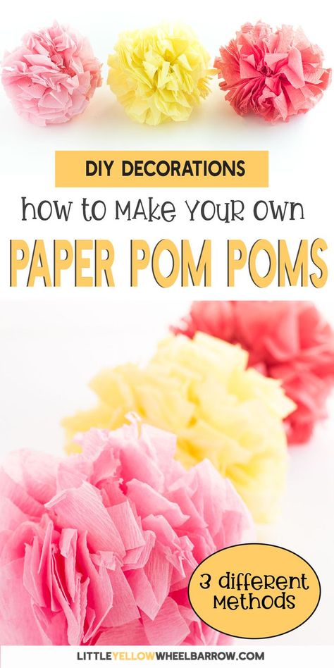 You won't believe how easy it is to make these great paper pom poms. These little pom poms are easy to make, great for decorations, and will add texture to your space. Follow my tutorial to learn how to make three different styles of paper pom poms. These three methods are all easy and you will be surprised at how quickly you can make up a bunch of these cute little pom poms. Have fun crafting some great paper pom poms today. #craft #howto #decorations #tutorial #easy Affordable Party Decorations, Pompon Diy, Crepe Streamers, Pom Pom Decorations, Paper Pom Pom, Diy Pom Poms, Crepe Paper Streamers, Coffee Filter Paper, Paper Streamers