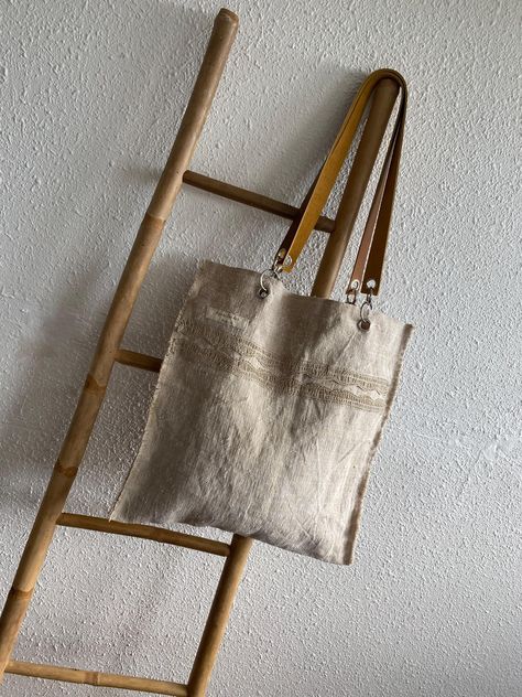 Textile Bags, Linen Handbags, Textile Bag, Handmade Handbags, Linen Bag, Linen Closet, Leather Handles, Leather Handle, Linen Fabric