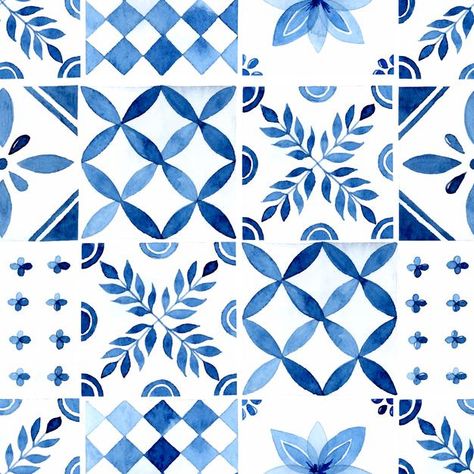 Tiles Painting Ideas Art, Blue Tile Design, Tile Painting Art, Tiles Drawing, Watercolor Tiles, Tile Illustration, Blue Pottery Designs, Blue Tile Patterns, Navy Blue Tile