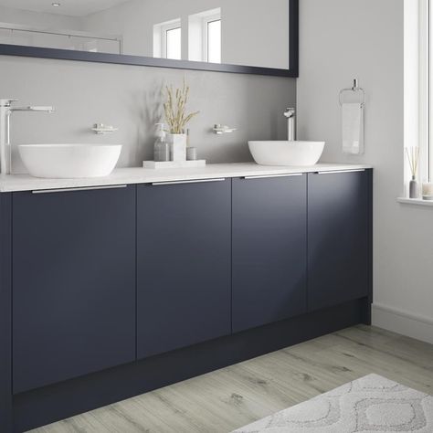 Howdens Hockley, Charcoal Bathroom, Navy Cabinets, Navy Bathroom, Cabinet Options, White Counters, Fitted Bathroom, Bathroom Units, Loft Conversion