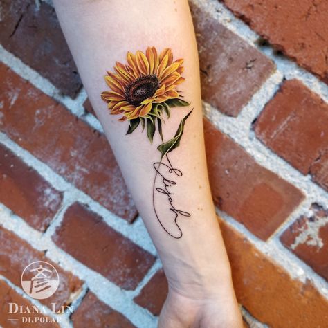 Sunflower Memorial Tattoo, Sunflower Memorial, Tattoo Sunflower, Sunflower Tattoo Sleeve, Tattoo Behind Ear, Floral Tattoos, Ribbon Tattoos, Tattoo Quotes For Women, Sunflower Tattoos