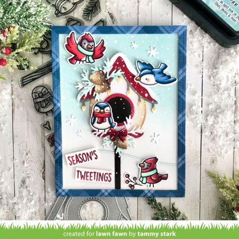 Lawn Fawn Intro: Build-A-Birdhouse & Build-A-Birdhouse Christmas Add-On - Lawn Fawn Build A Birdhouse, Lawn Fawn Blog, Winter Birds, Lawn Fawn Stamps, Woodland Critters, Lawn Fawn Cards, Winter Bird, Mama Elephant, Bird Cards