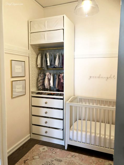 From Closet to Baby's Nursery at FrugElegance.com Split Room Nursery, Small Walk In Closet Nursery, Ideas For Small Nursery, Small Nursery Ideas Without Closet, Small Space Nursery Ideas Master Bedrooms, Small Nursery No Closet, Closet Nursery Converted Walk In, Nursery With No Closet Ideas, Small Nursery Office Combo