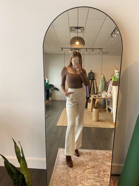 Dress Pants With Bodysuit, Body Suit And Trousers, Tailored Pants Outfit Aesthetic, Bodysuit Trousers Outfit, Light Taupe Pants Outfit, Aritzia Long Sleeve Bodysuit, Wilfred Effortless Pants Outfit, Aritzia Effortless Pant Outfit Work, Aritzia Contour Bodysuit Outfit