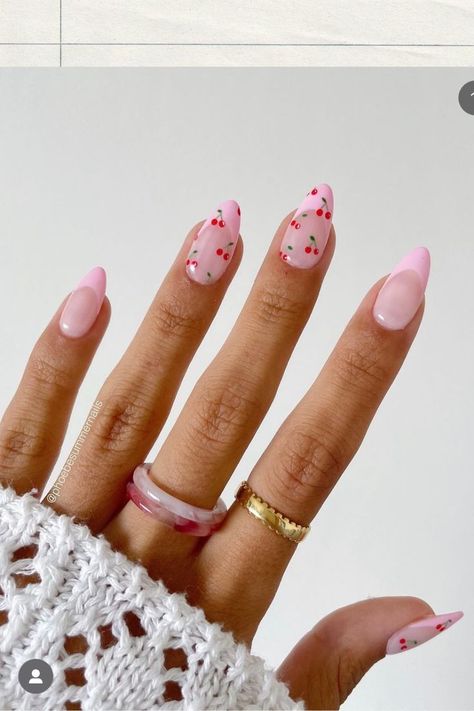 Cherry and pink summer almond shape nails Nails Barbie, Cute Almond Nails, Paznokcie Hello Kitty, Barbie Nails, Kutek Disney, Summer Acrylic, Nails Classy, Cherry Nails, Summery Nails