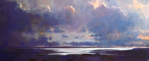 The Silver Sea, John O'Grady - A 18″ x 8.25″ x 0.75″, acrylic on canvas, ready to hang and available. Rain is clearing on this cloudy day to give space to a bright evening on the west coast of Ireland along the Wild Atlantic Way. Sunset Seascape, Ocean Sunrise, Landscape Sea, Luxury Landscaping, Irish Landscape, Ireland Landscape, Silver Sea, Sun Sky, Irish Art