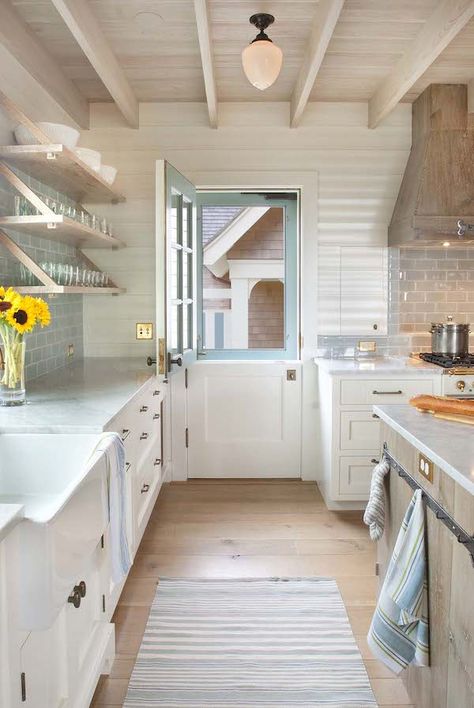 Pretty Kitchen Dutch Door - with Screen door too!!  Ahhhh, heaven!  Dearborn Builders - Tory Haynes House Of Turquoise, Pretty Kitchen, Dutch Door, Wooden Floors, Kitchen Farmhouse, Kitchen Doors, Cottage Kitchen, White Cabinets, The Floor