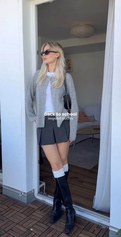 Black Skirt With Cardigan Outfit, Cardigan Boots Outfit, Gray Skirt Outfit Fall, Grey Tennis Skirt Outfit Summer, Gray Cardigan Outfit Aesthetic, Layered Button Up Shirt Outfit, Outfit With Gray Skirt, Current Outfit Trends, Gray Skirt Outfits