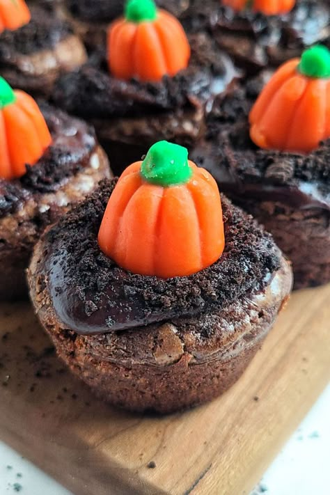 Halloween Frosted Brownies, Brownie Bites Halloween, Fall Themed Brownies, Pumpkin Patch Snack Ideas, Pumpkin Party Snacks, Fall Brownies Decorations, Fall Bite Size Desserts, Halloween Brownie Bites, Halloween Desserts For Adults