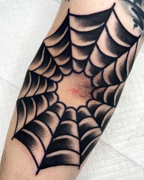 Black Traditional Elbow Tattoo, Traditional Cobweb Tattoo, Elbow Tattoo Men Traditional, Traditional Spiderweb Tattoo, American Traditional Cover Up Tattoo, American Traditional Elbow, Spider Traditional Tattoo, Elbow Tattoo Traditional, Spiderweb Tattoo Traditional