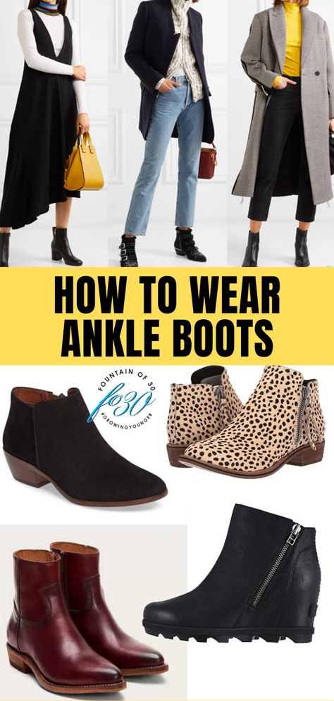 how to wear ankle boots for women over 40 High Heel Ankle Boots Outfit How To Wear, What To Wear With Ankle Boots, How To Wear Ankle Boots With A Dress, Flat Ankle Boots Outfit, Outfits With Black Ankle Boots, Jumpsuit With Boots, Black Ankle Boots Outfit, Ankle Boots Outfit Winter, Leggings With Boots